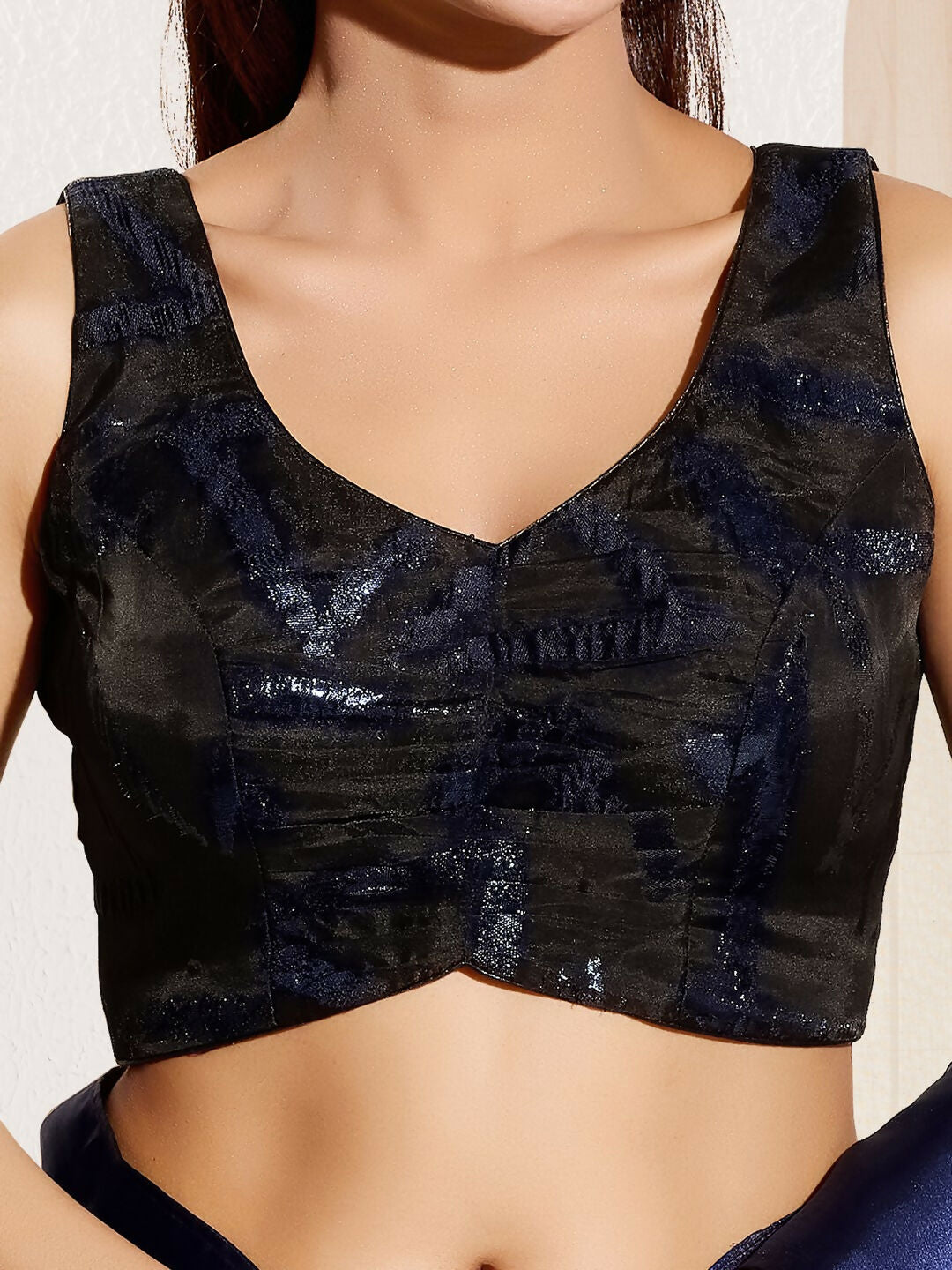 Joban Fashion Navy Blue Organza Padded Blouse With Sweetheart Neck Sleeveless
