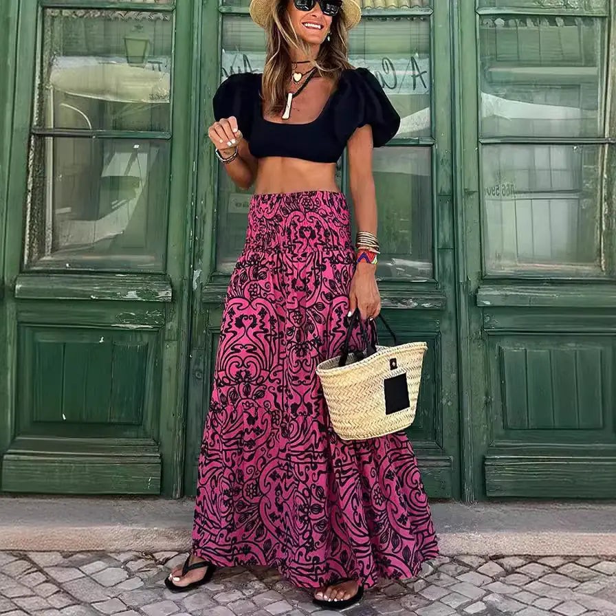 Summer Floral Maxi Skirt with Elastic Waist