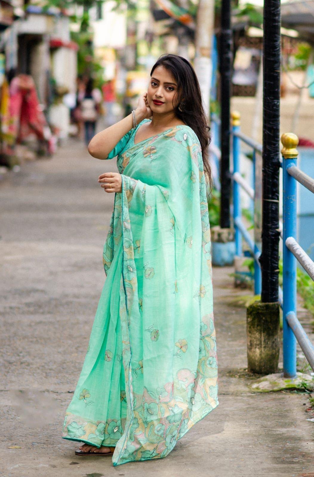 SeaGreen Pure Linen Saree with Pencil Stitch Embroidery and Blouse