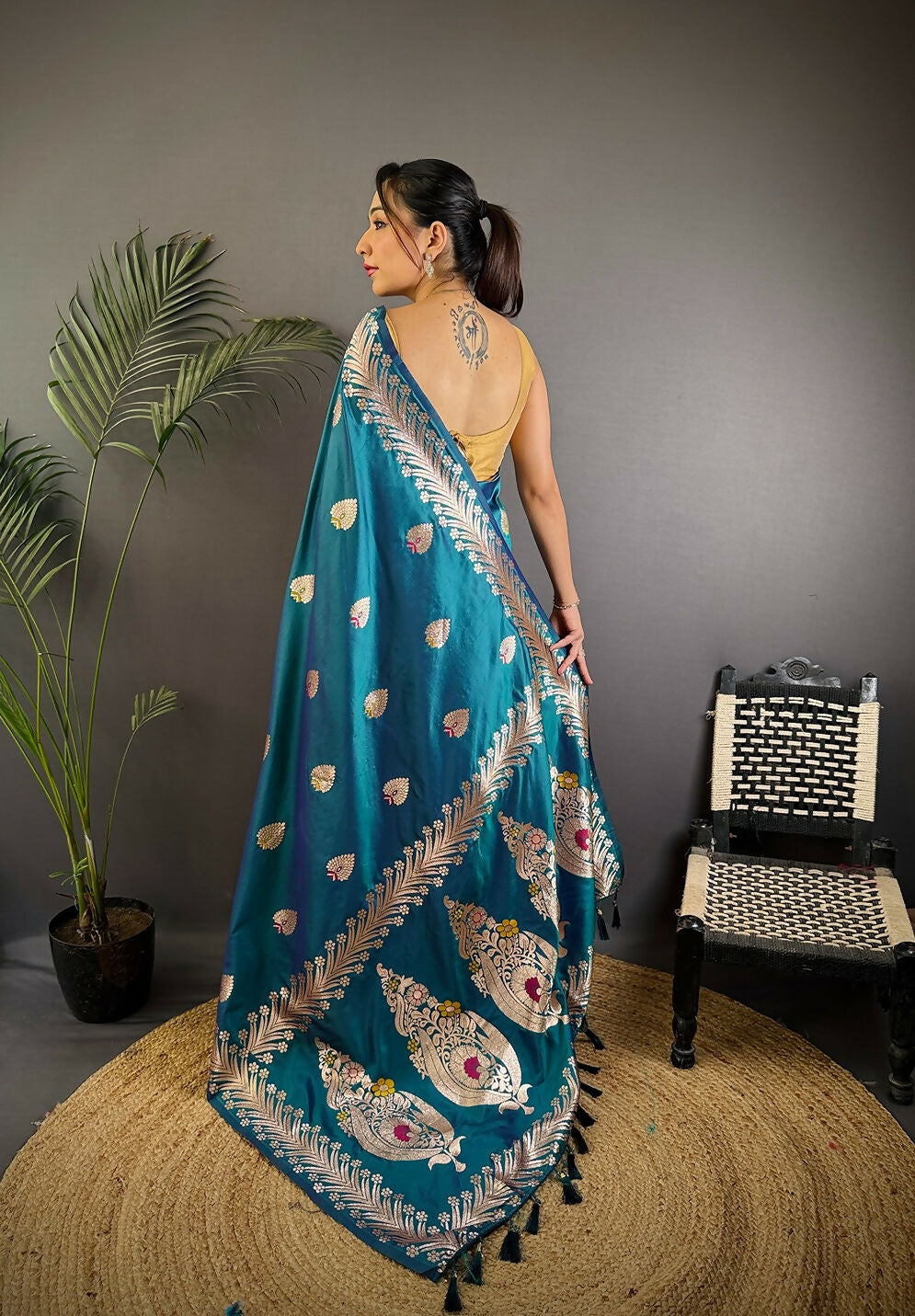 Sea Blue Banarasi Woven Soft Silk Saree with Blouse Piece