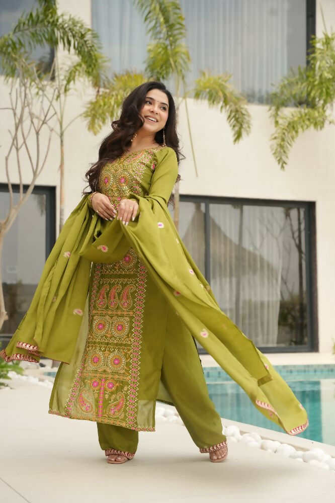 Perot Silk Kurta Set with Sequins, Zari, and Thread Embroidery
