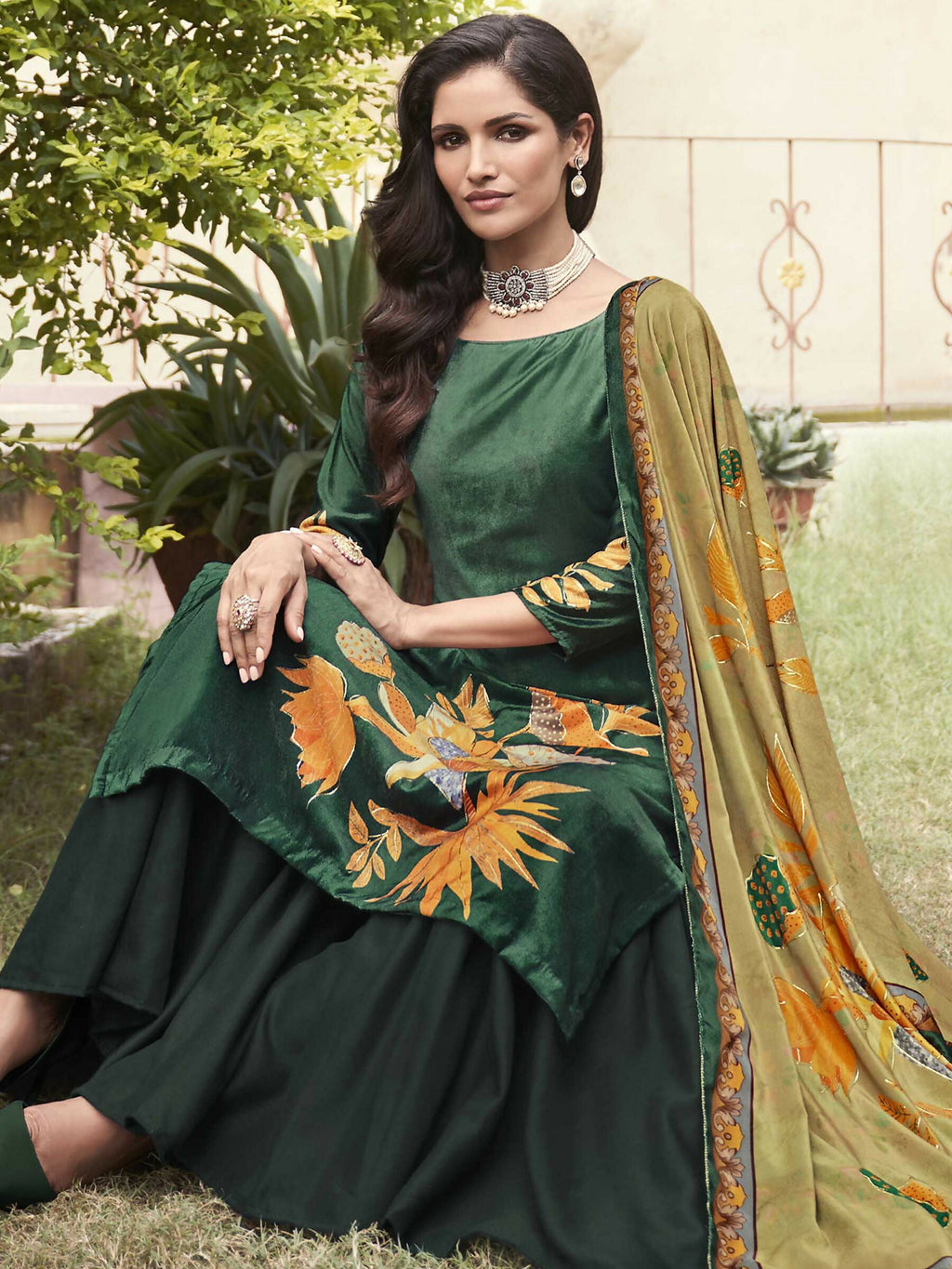 Green Velvet Floral Digital Printed A-Line Kurta Set with Palazzo