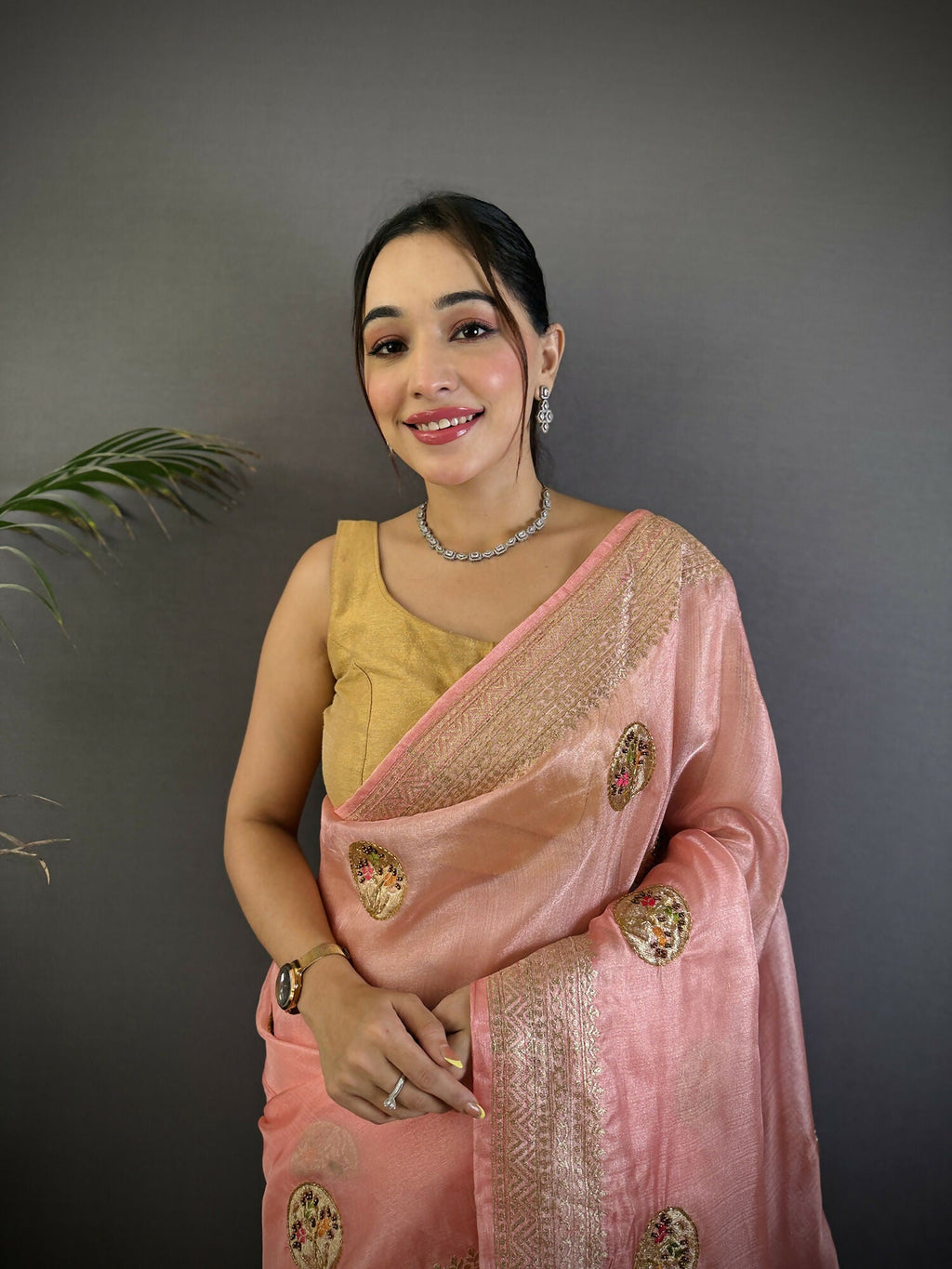 Joban Fashion Baby Pink Handloom Banarasi Organza Silk Khatali Butta Work Saree