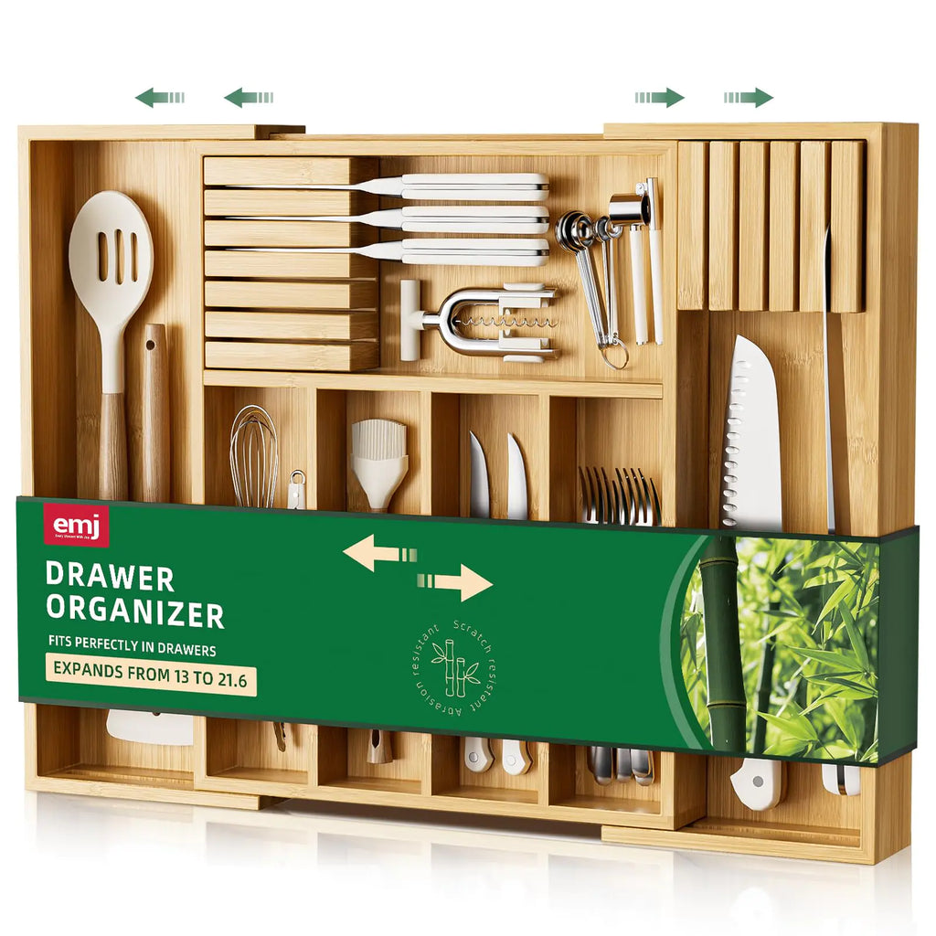 Emojoy Silverware StorageCarbonized Bamboo Cutlery Storage Organizer Expandable Cutlery Rack 7 Slots Perfect for Storing Cutlery and Kitchen Utensils with Removable Knife Holder