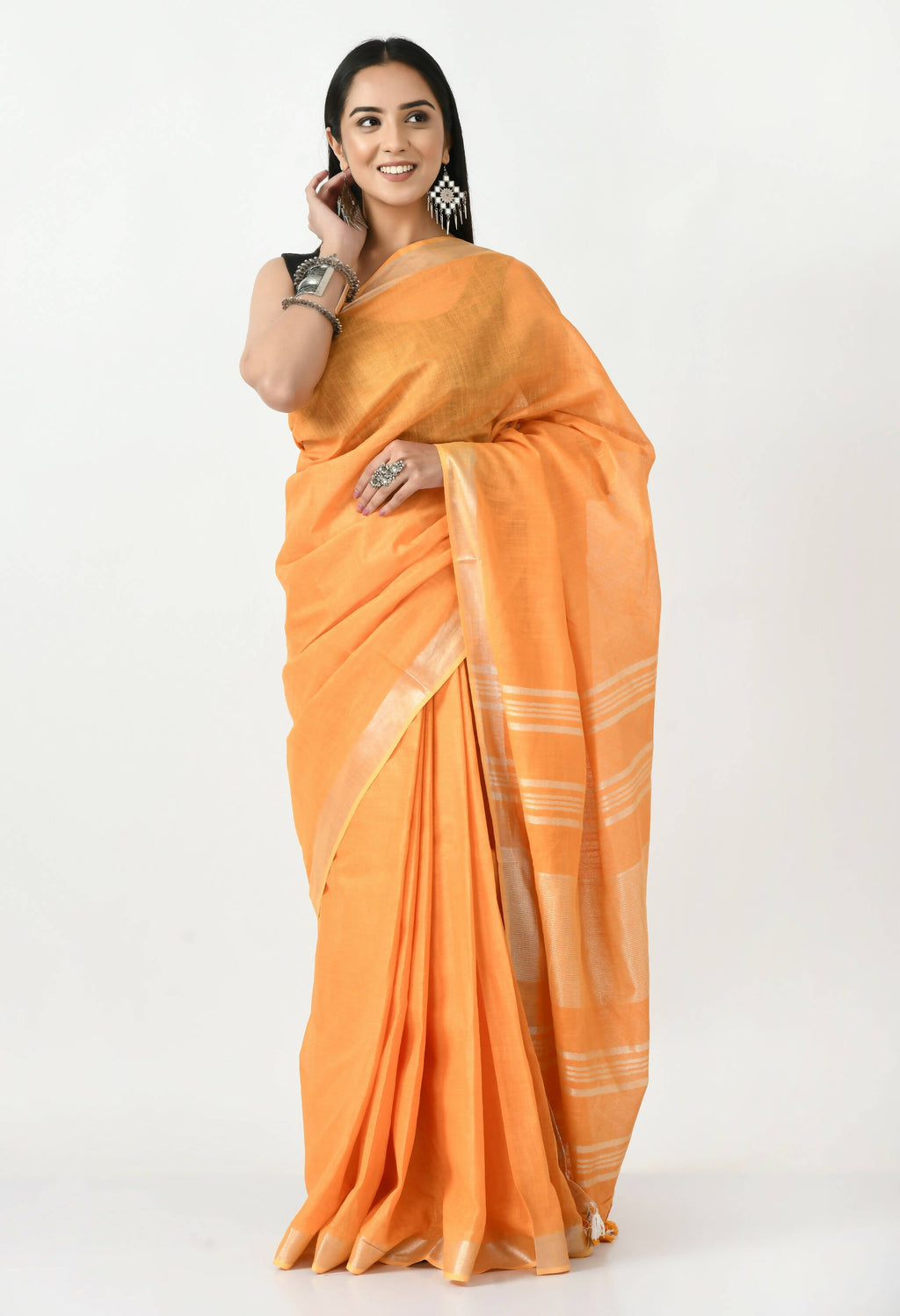 Light Orange Bhagalpuri Handloom Silk Linen saree with silver details and unstitched blouse