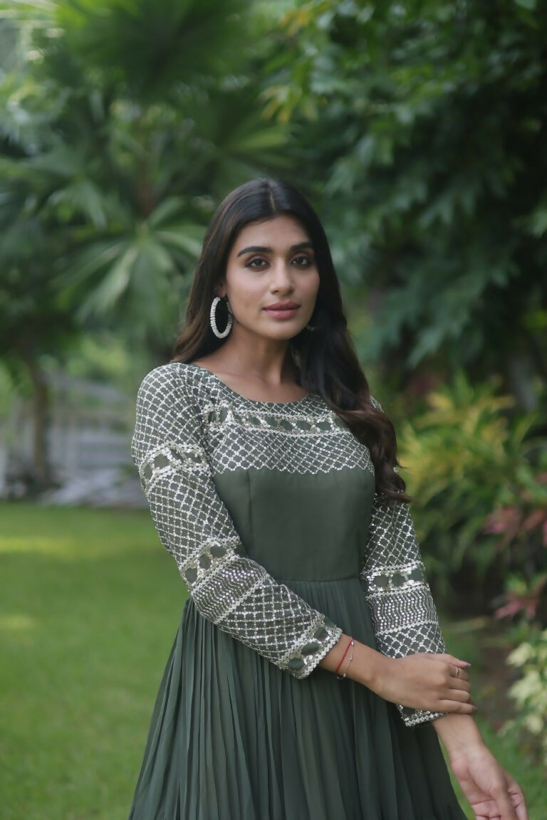 Mehendi Green Sequins Zari Embroidered Faux Georgette Anarkali