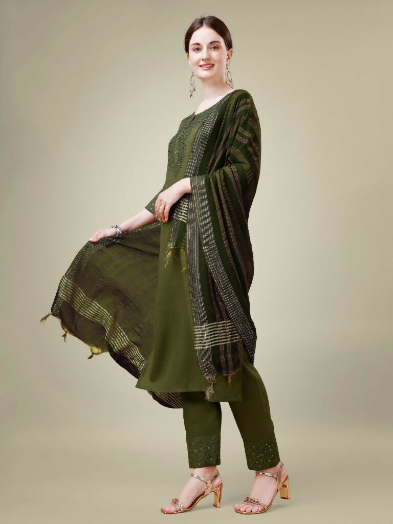 Mehendi Cotton Blend Straight Kurta with Trouser and Dupatta Set