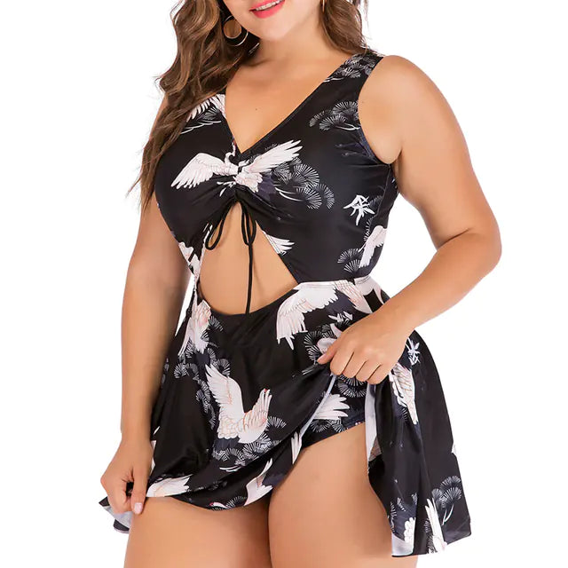 Women's Leaf Print Cutout One-Piece Swimsuit with Skirt Overlay - Image 6