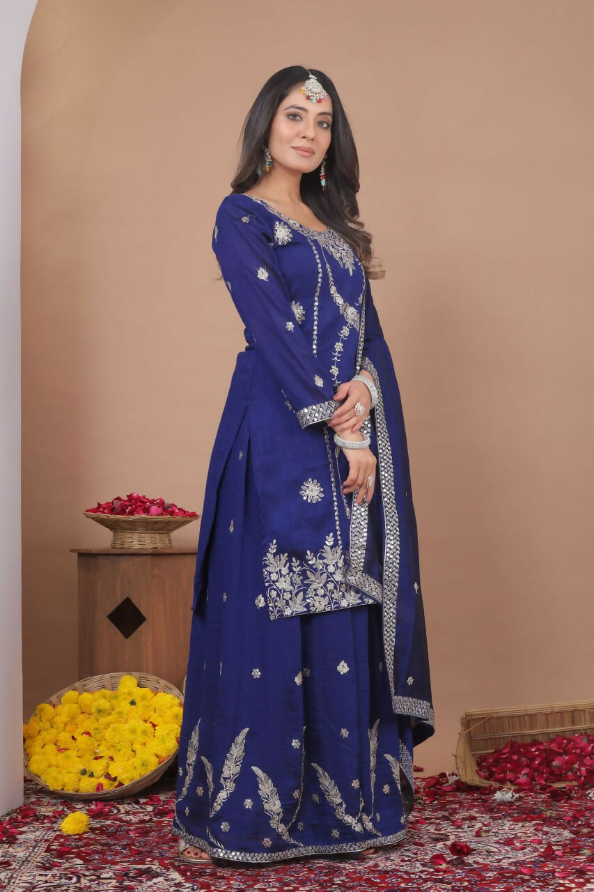 Blue Georgette Embroidered Sharara Set for Festive Occasions