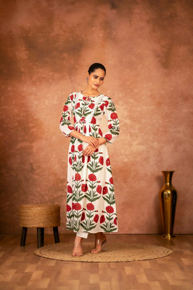 Red Rose Floral Hand Block Printed Cotton Kurta Pant Set