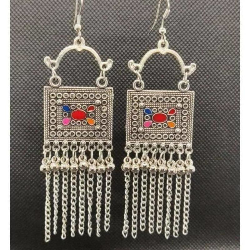 Silver square geometric earrings with hanging chains and multicolor accents