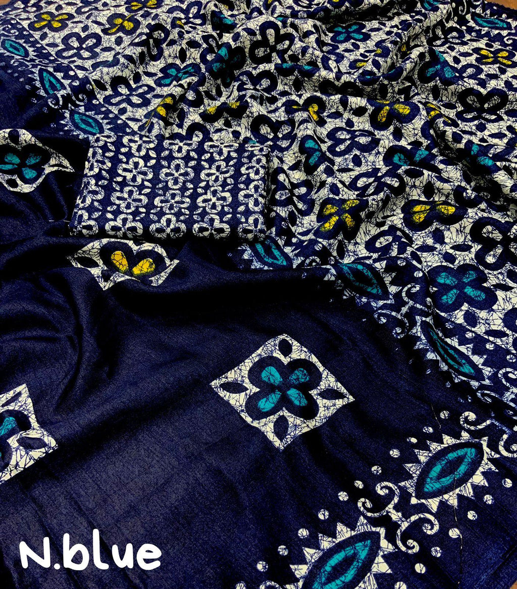 Blue Silk Blend Saree with Ethnic Batik Style Prints