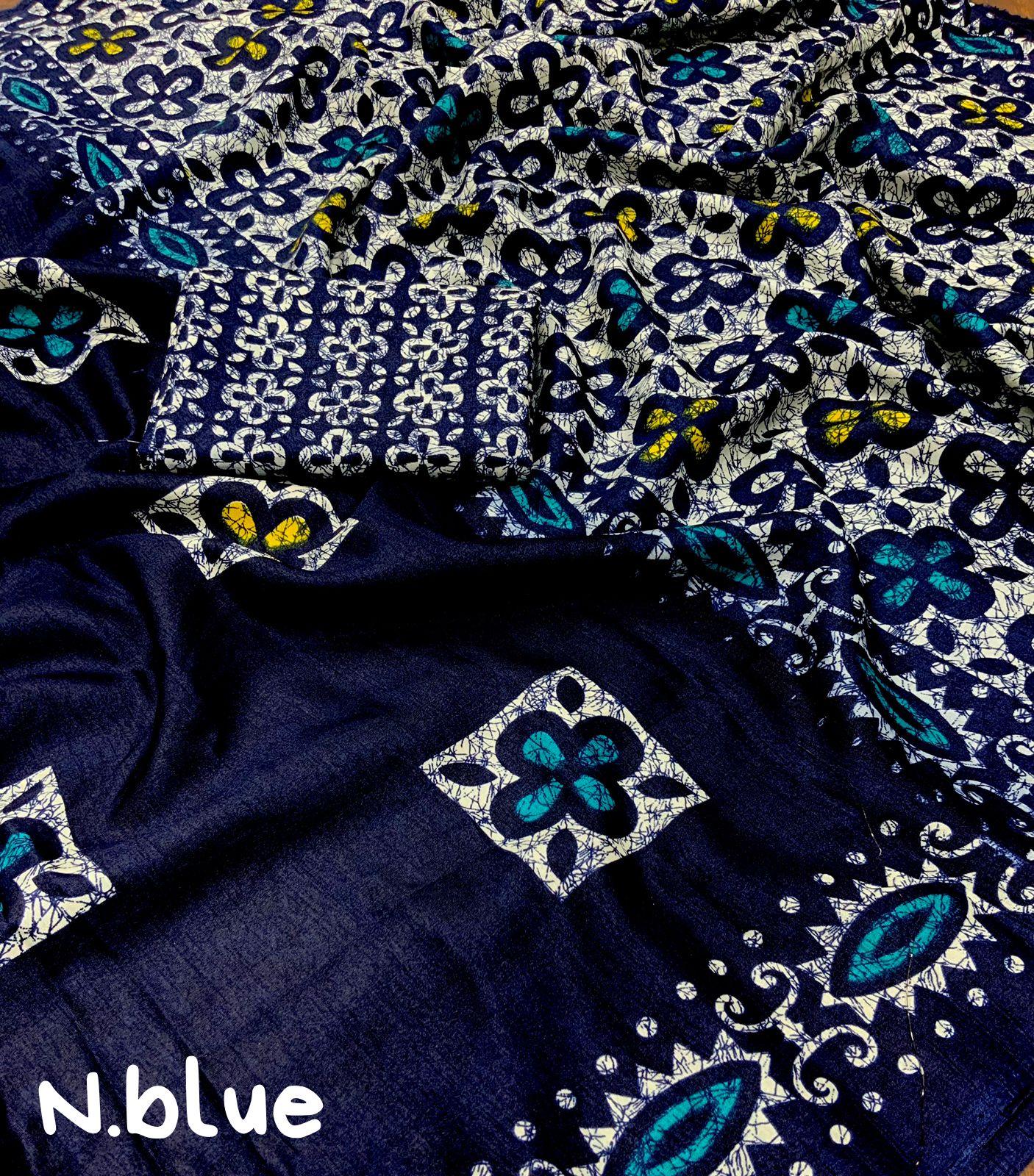 Blue Silk Blend Saree with Ethnic Batik Style Prints
