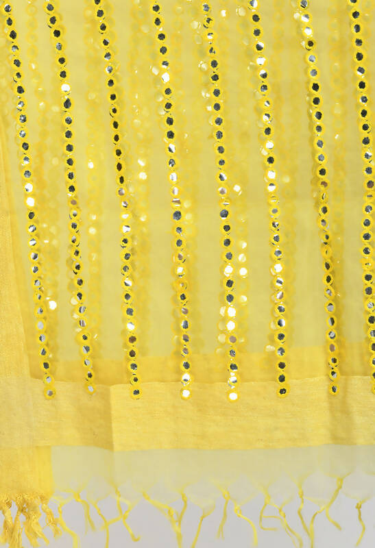 Lemon Yellow Organza Dupatta with Mirror Stripe Thread Work