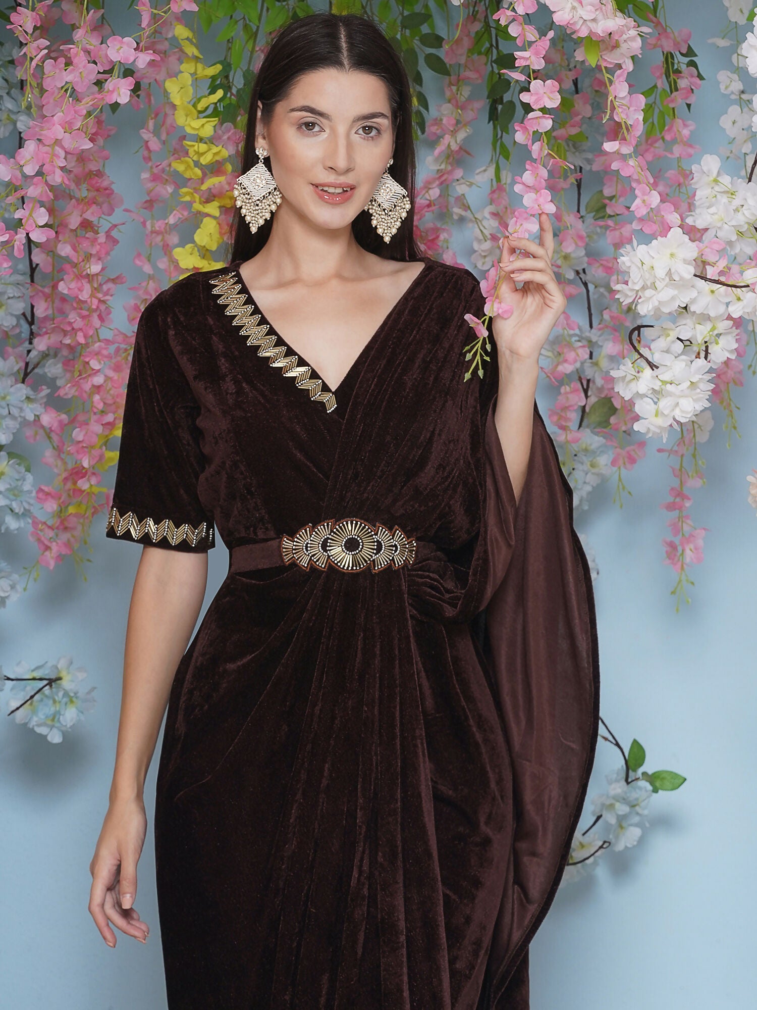 Brown Velvet Hand Embellished Gown With Drape and Belt