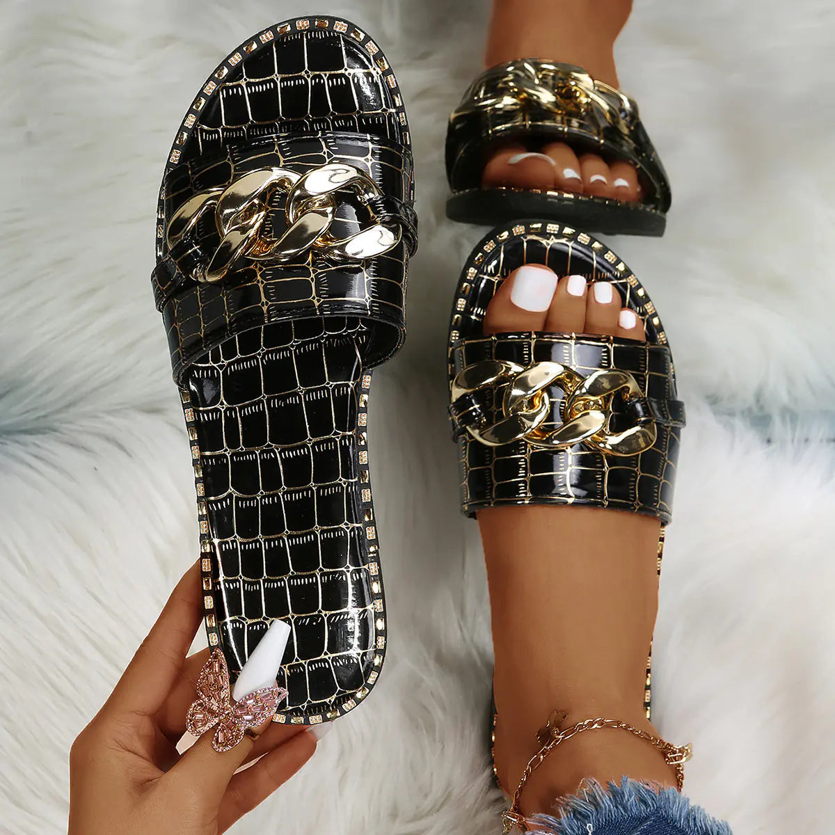 Women's Croc-Embossed Flat Slide Sandals with Gold Chain Detail - Image 8