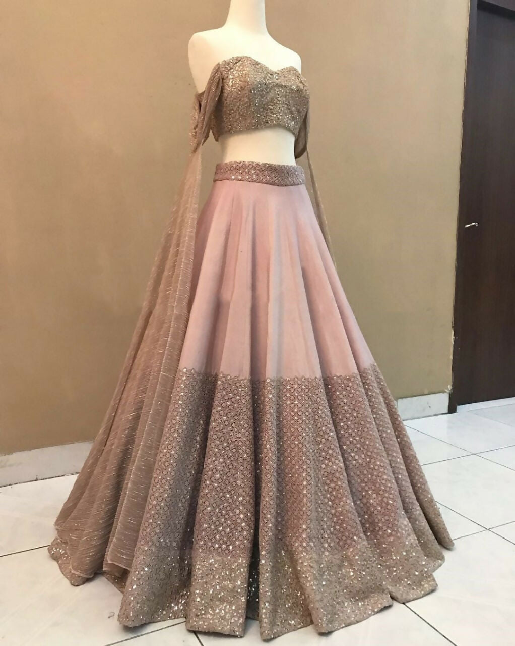 Dusty Rose Pink Muslin Silk Dori and Sequins Embroidered Lehenga