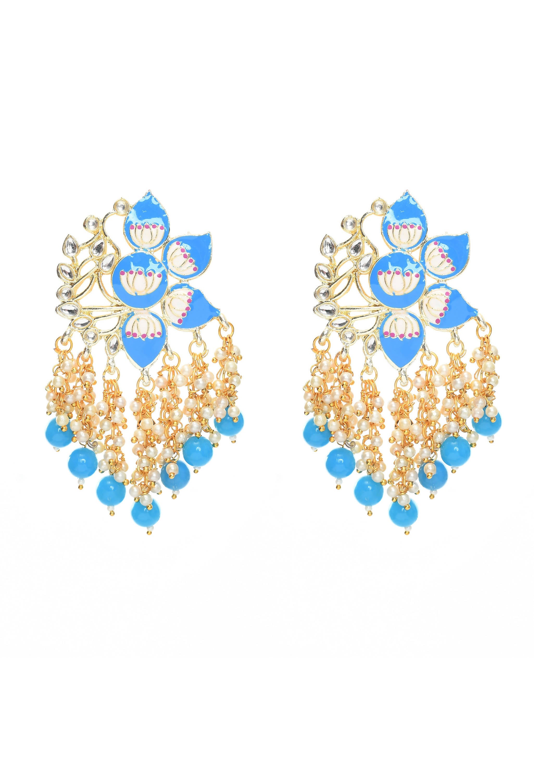 Gold-polished Kundan earrings with sky blue meenakari enamel work