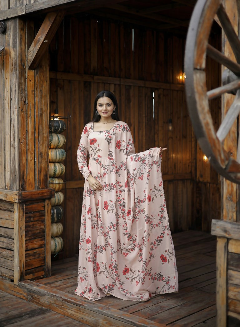 Cream Faux Georgette Anarkali dress with floral digital print and dupatta