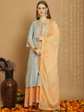 Turquoise Chanderi Silk A-Line kurta with Jardoshi embroidery and matching palazzo pants
