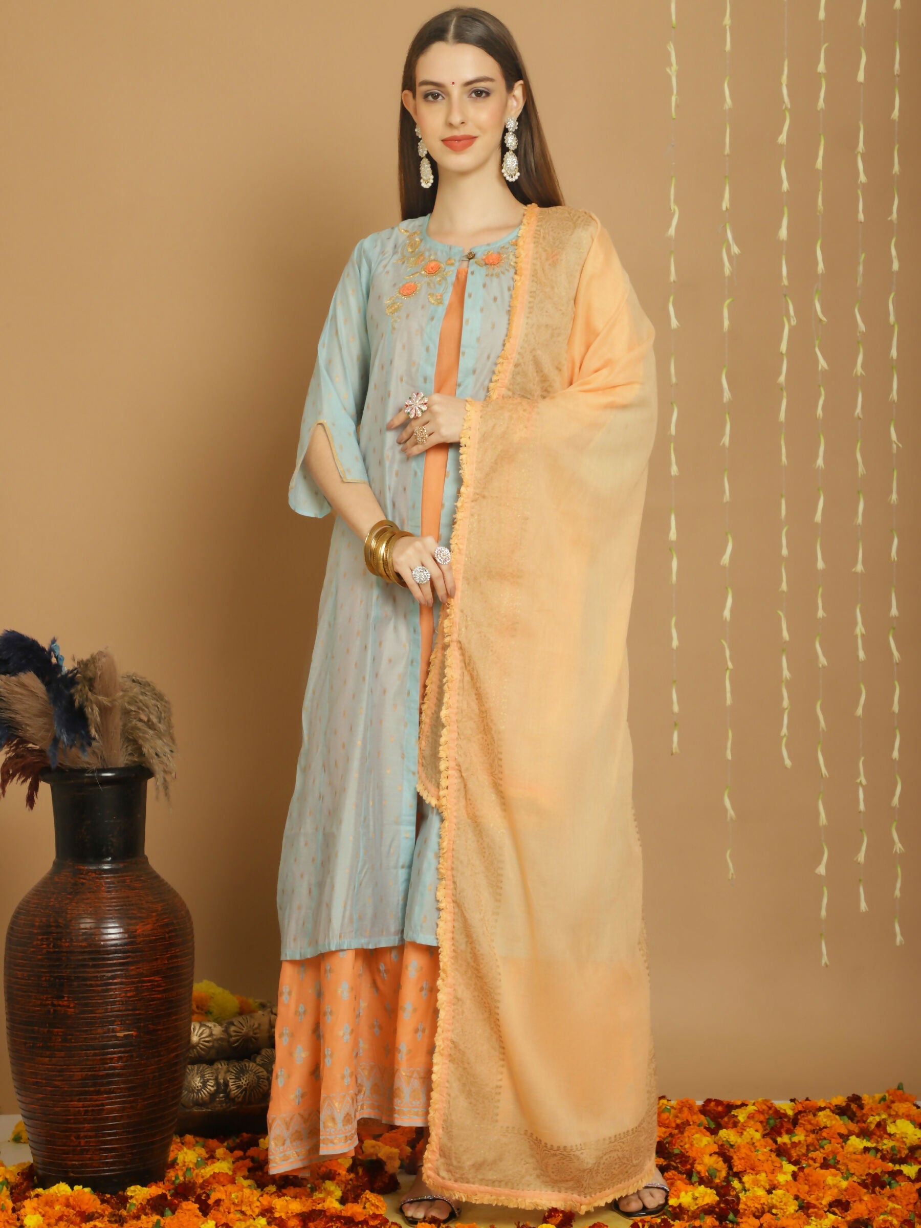 Turquoise Chanderi Silk A-Line kurta with Jardoshi embroidery and matching palazzo pants