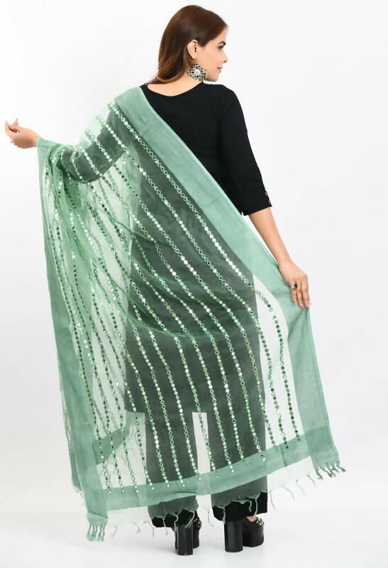 Pista Green Organza Dupatta with Mirror Stripe Thread Work