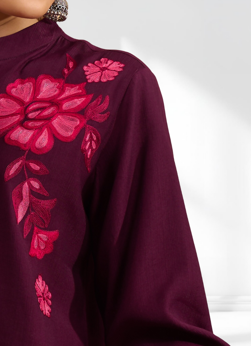 Wine Silk Embroidered Readymade Tunic with Mandarin Collar
