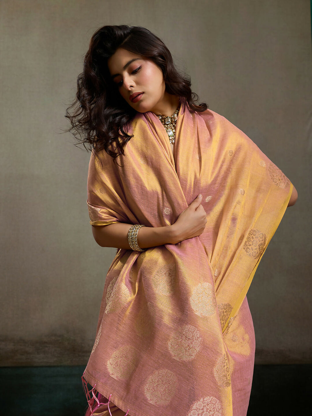 Light Pink Tissue Silk Saree with Matching Elegant Blouse