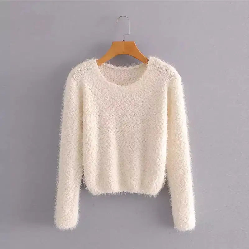 Women's Fuzzy Round Neck Pullover Sweater Soft Knit Long Sleeve - Image 4
