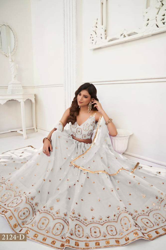 Off White Butterfly Net Lehenga with Tone-to-Tone Thread Work