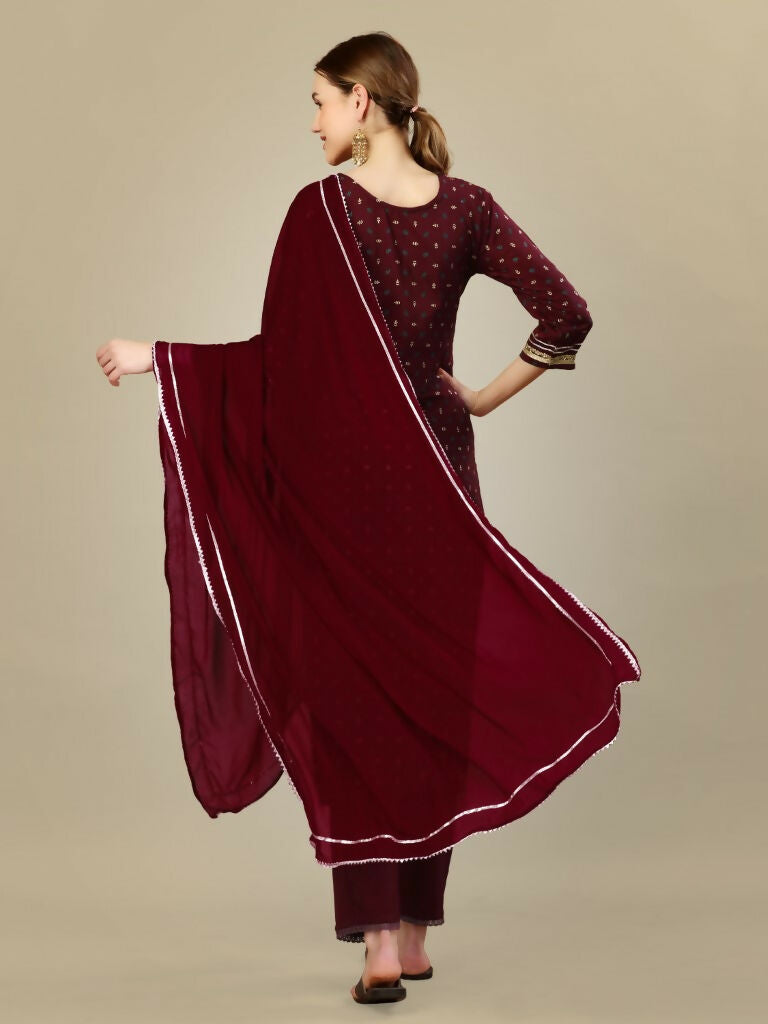 Women's Maroon Silk Blend Straight Kurta with Trouser and Dupatta