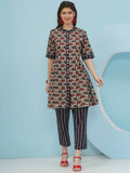Woman wearing a beige co-ord set featuring a playful elephant print in breathable cotton