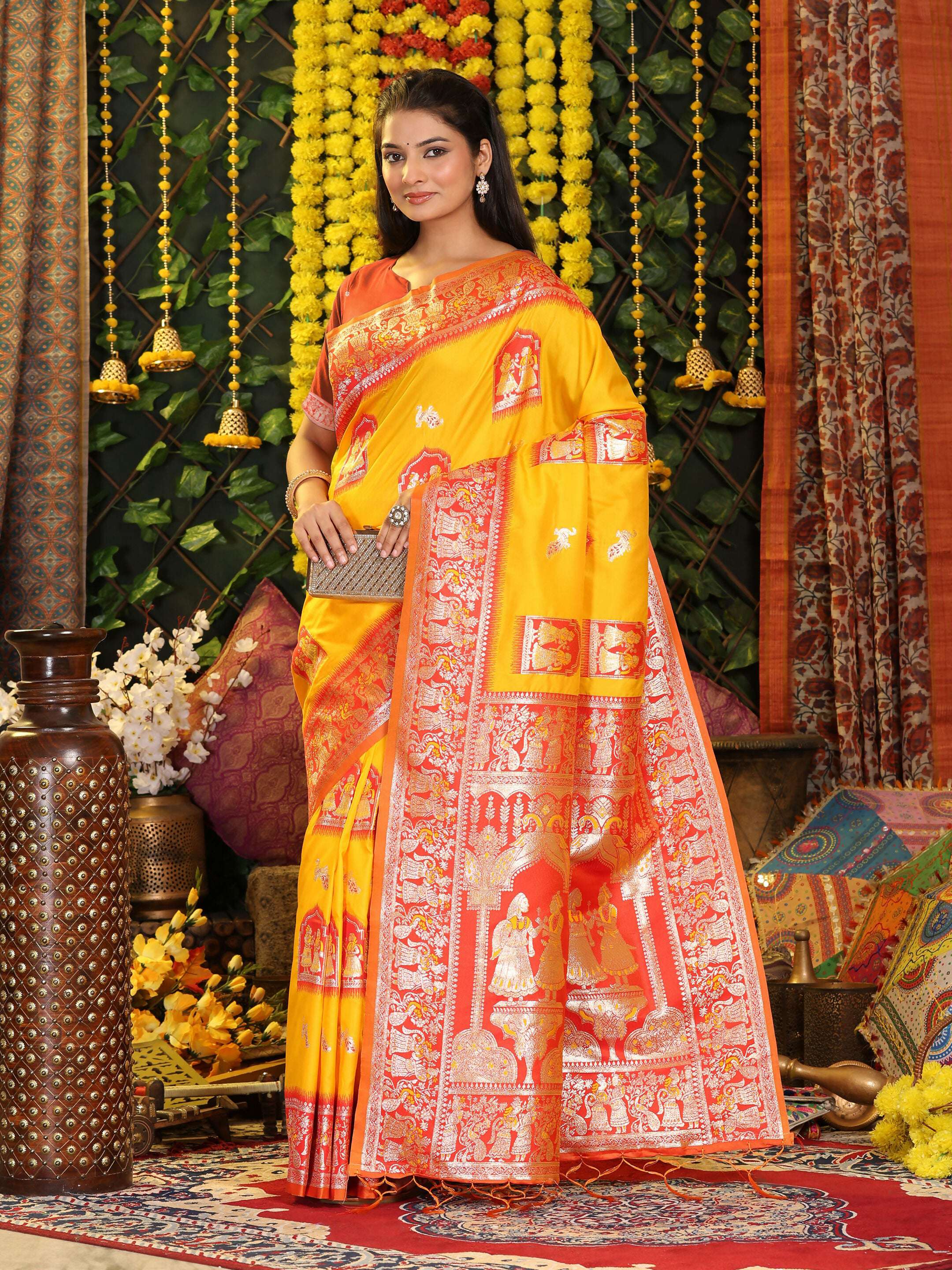 Vibrant Yellow Silk Saree with Contrast Orange Blouse Piece