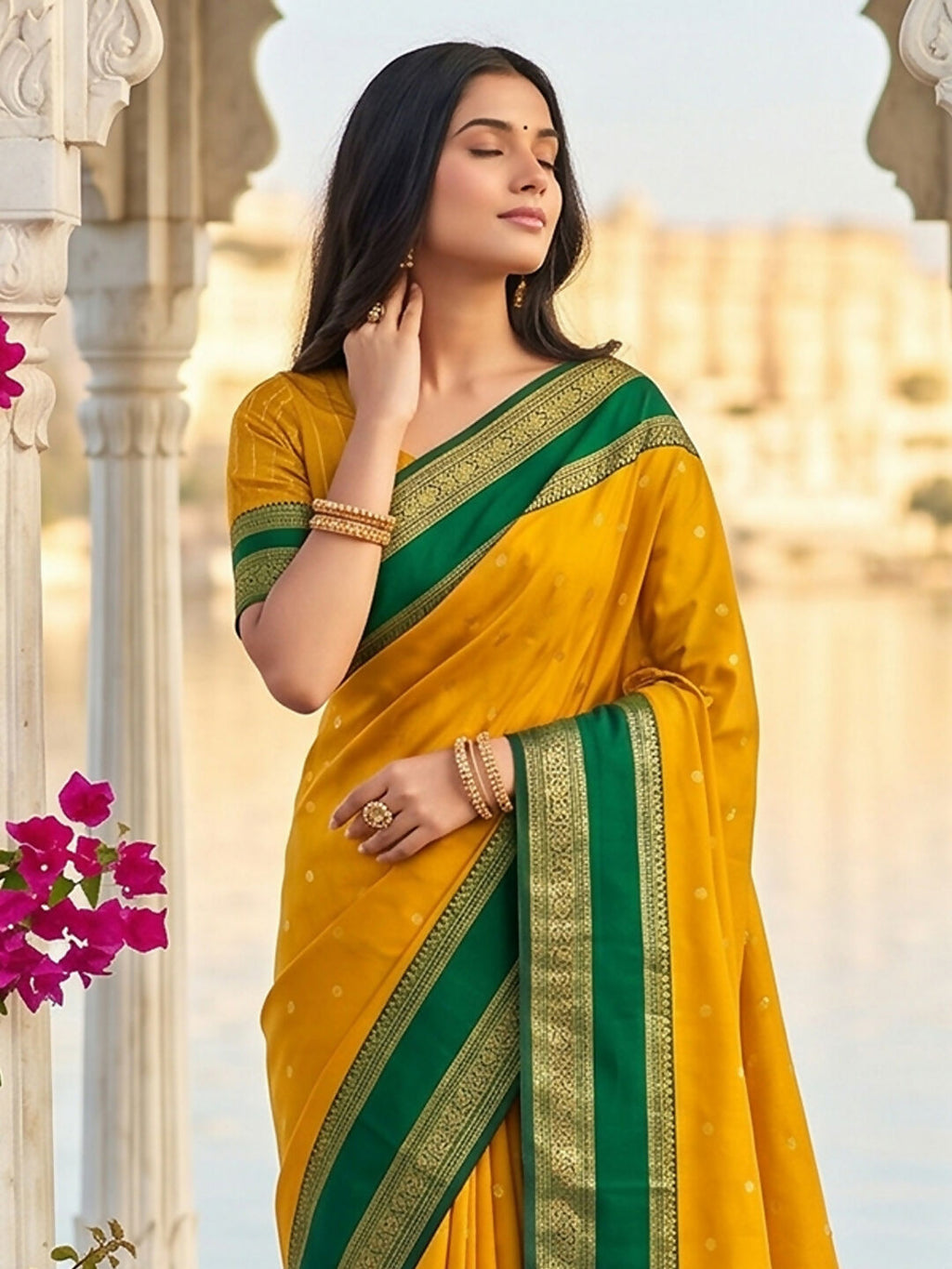 Yellow Silk Blend Saree with Matching Blouse Fabric