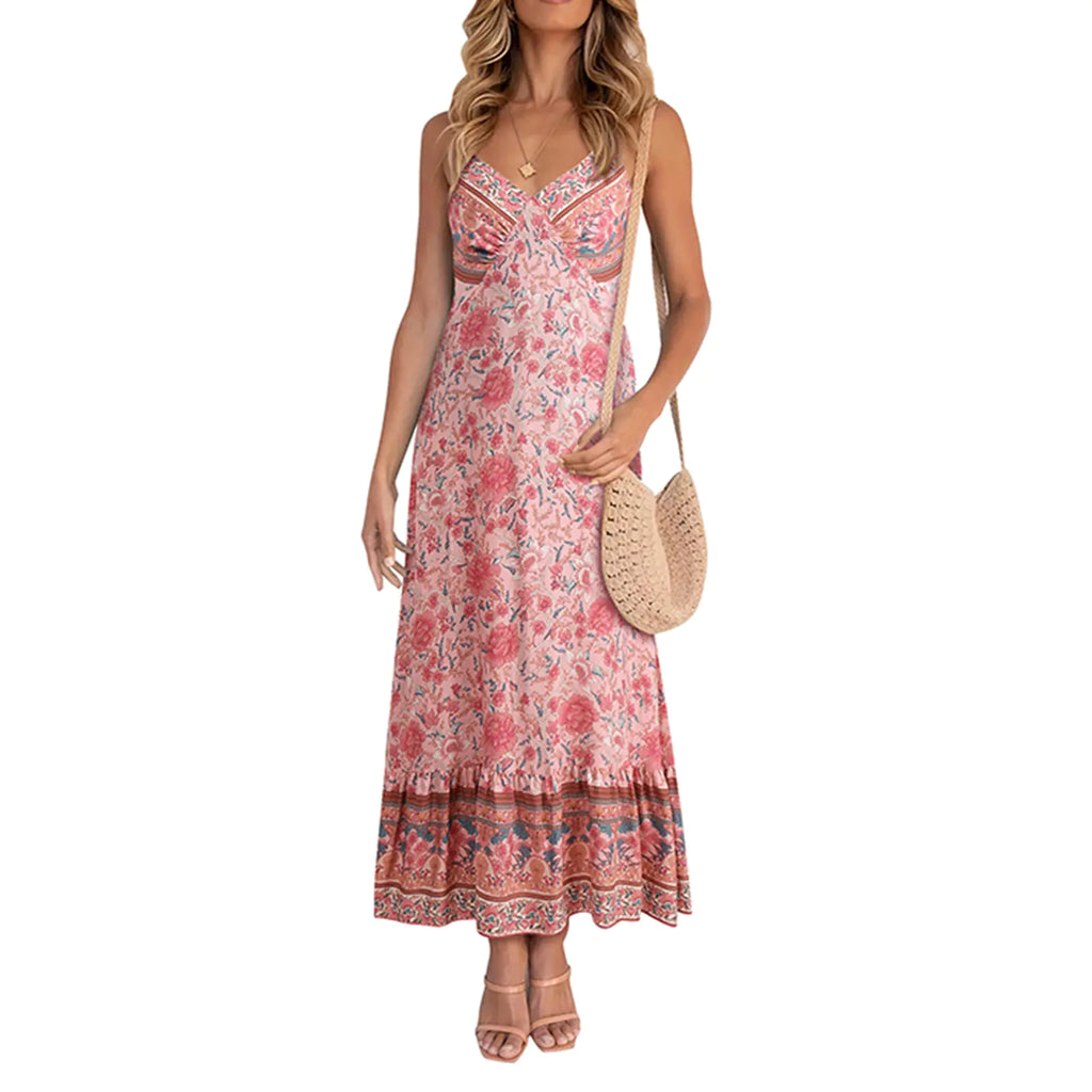 Women's Floral Boho V-Neck Midi Dress Casual Summer Beachwear - Image 12