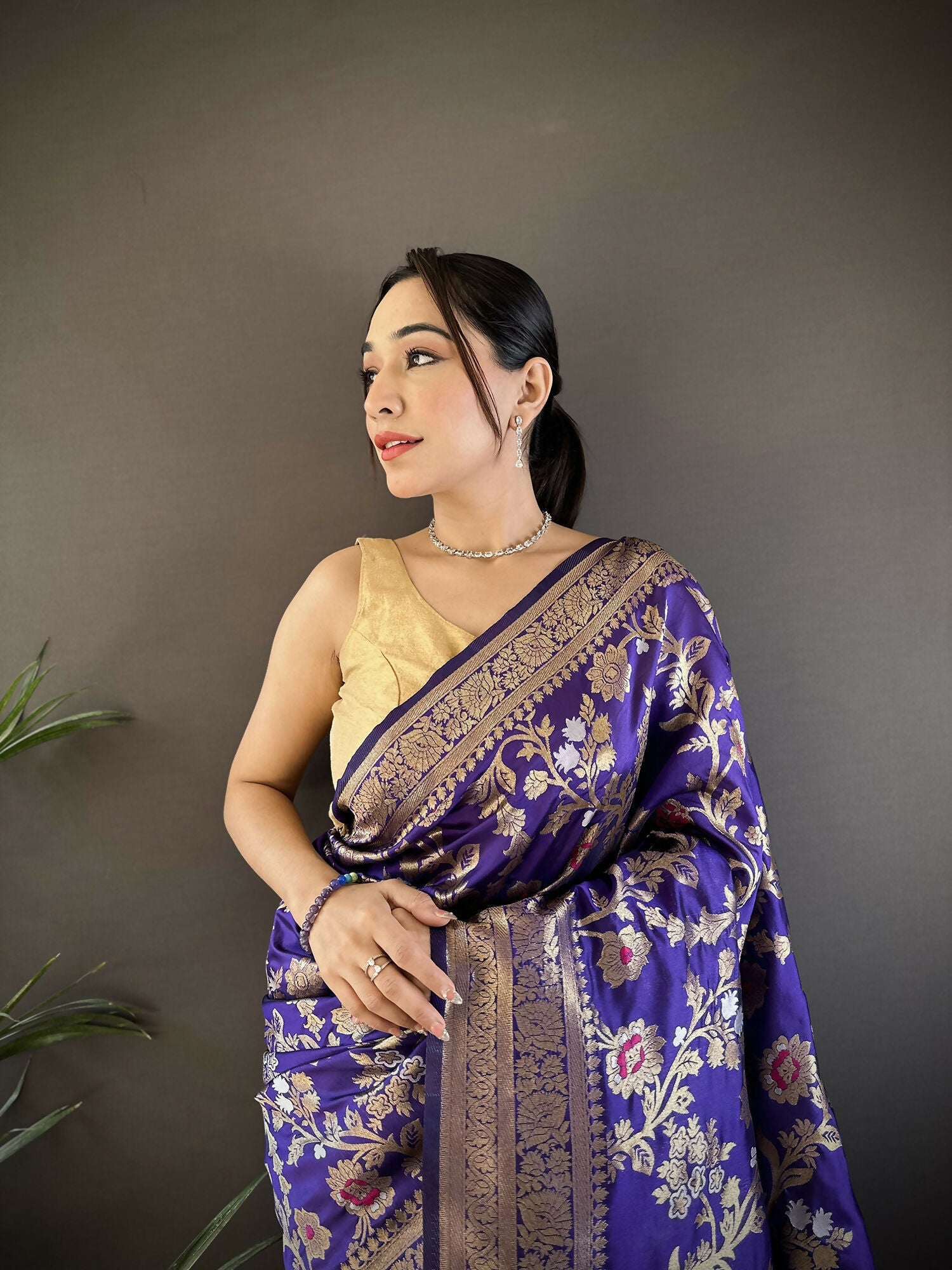 Violet Floral & Ethnic Motif Soft Silk Meenakari Banarasi Saree