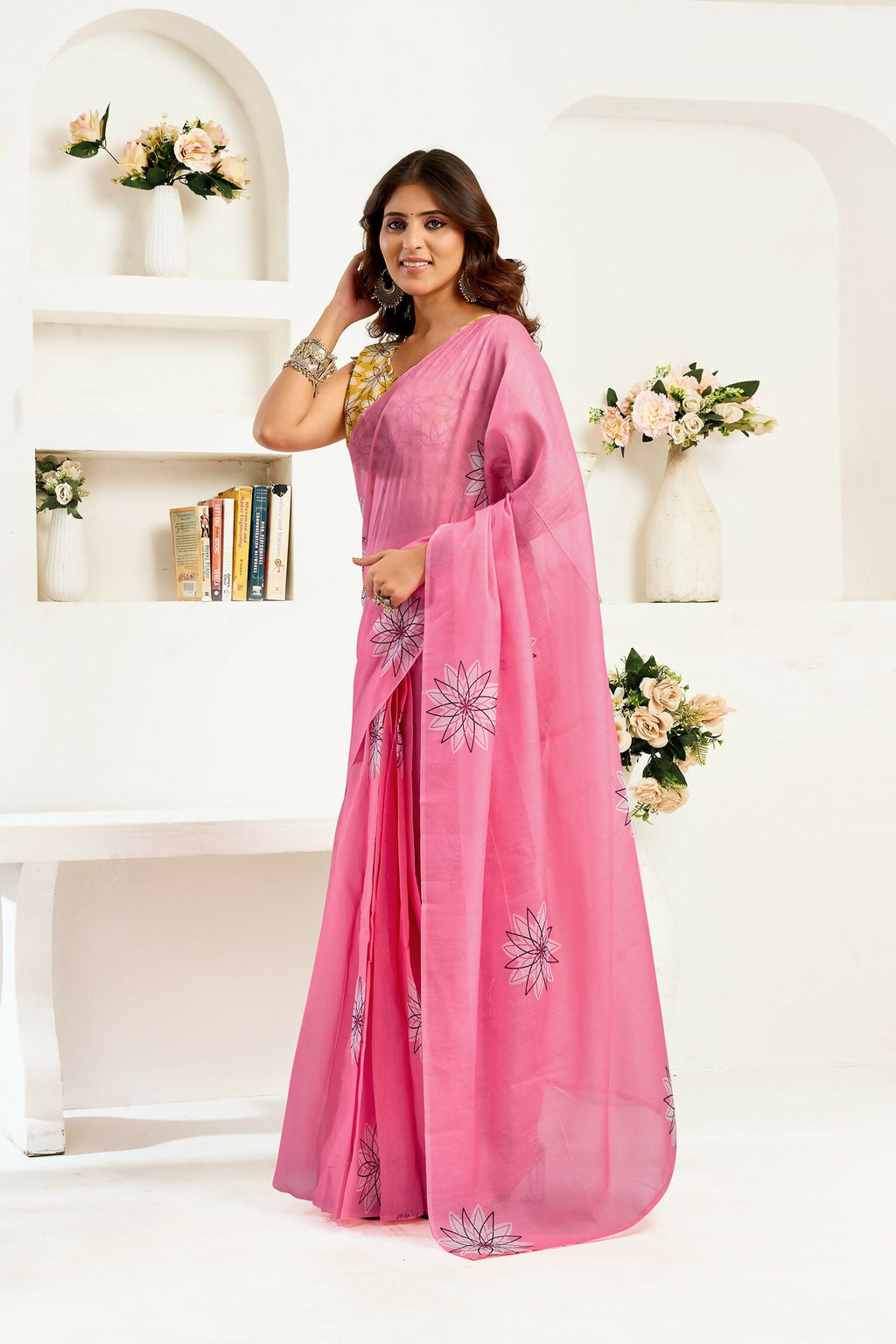 Baby Pink Geometric Linen Ready-to-Wear Saree with Yellow Blouse
