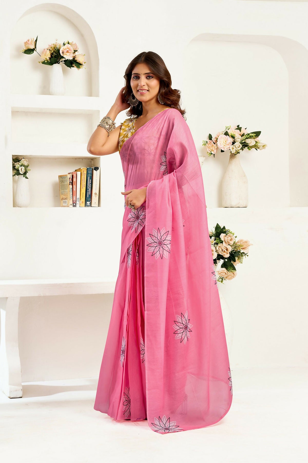 Baby Pink Geometric Linen Ready-to-Wear Saree with Yellow Blouse