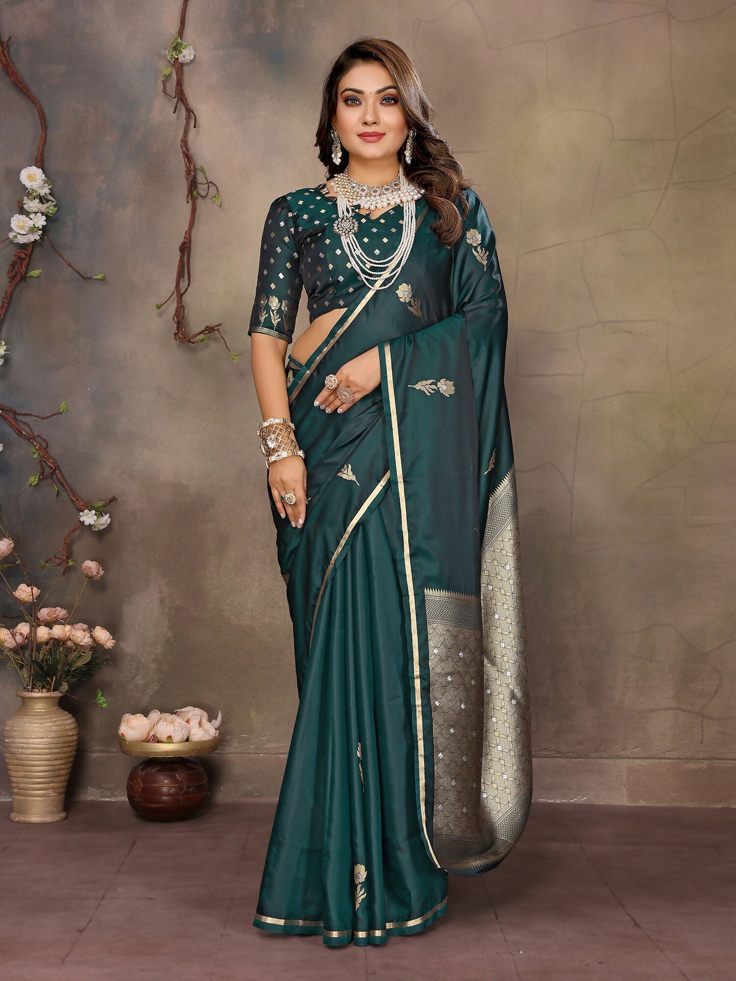 Dark Green Satin Silk Banarasi Saree with floral and botanical motifs and matching blouse