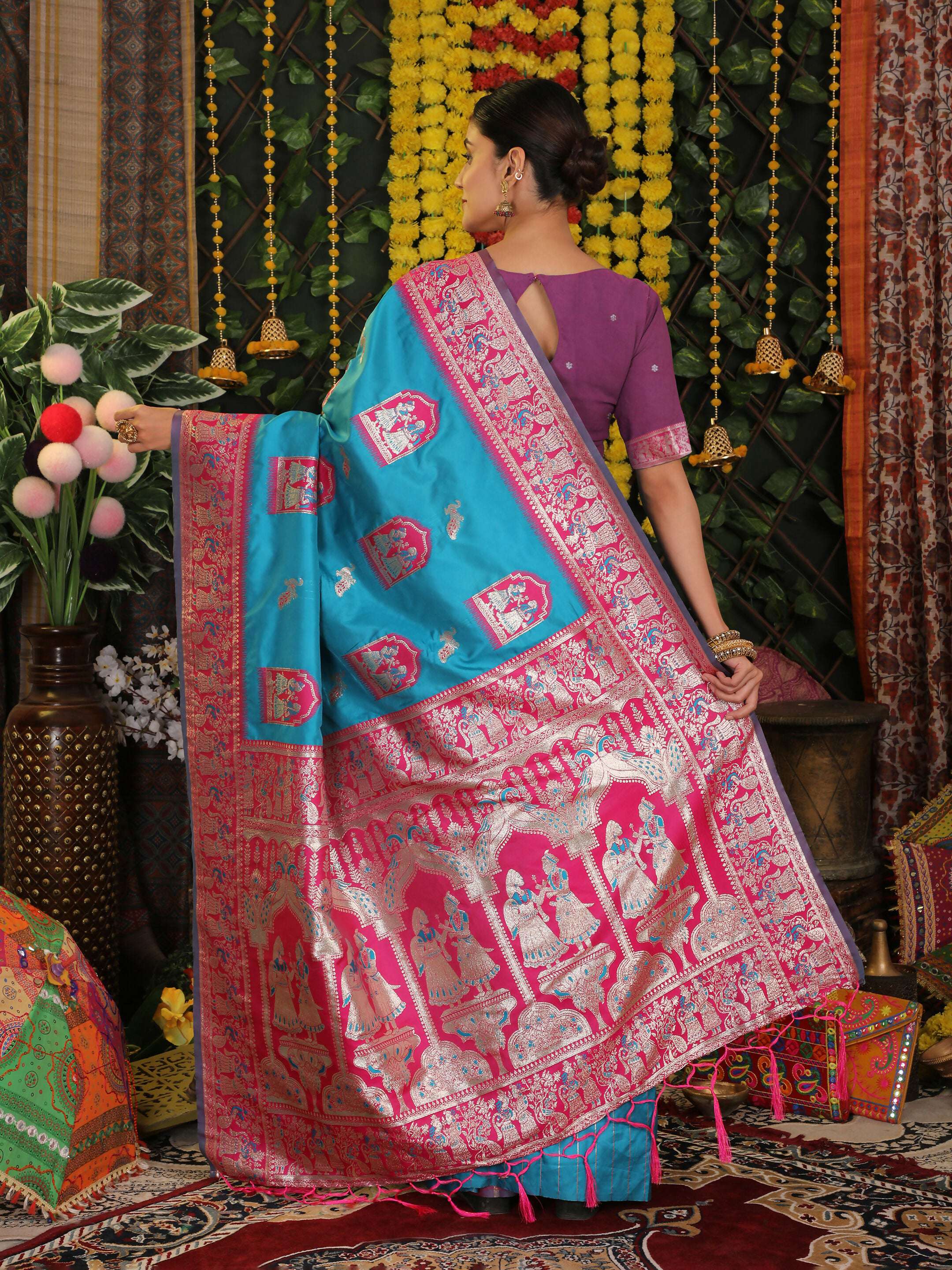 Sky Blue Silk Saree with Purple Blouse Piece