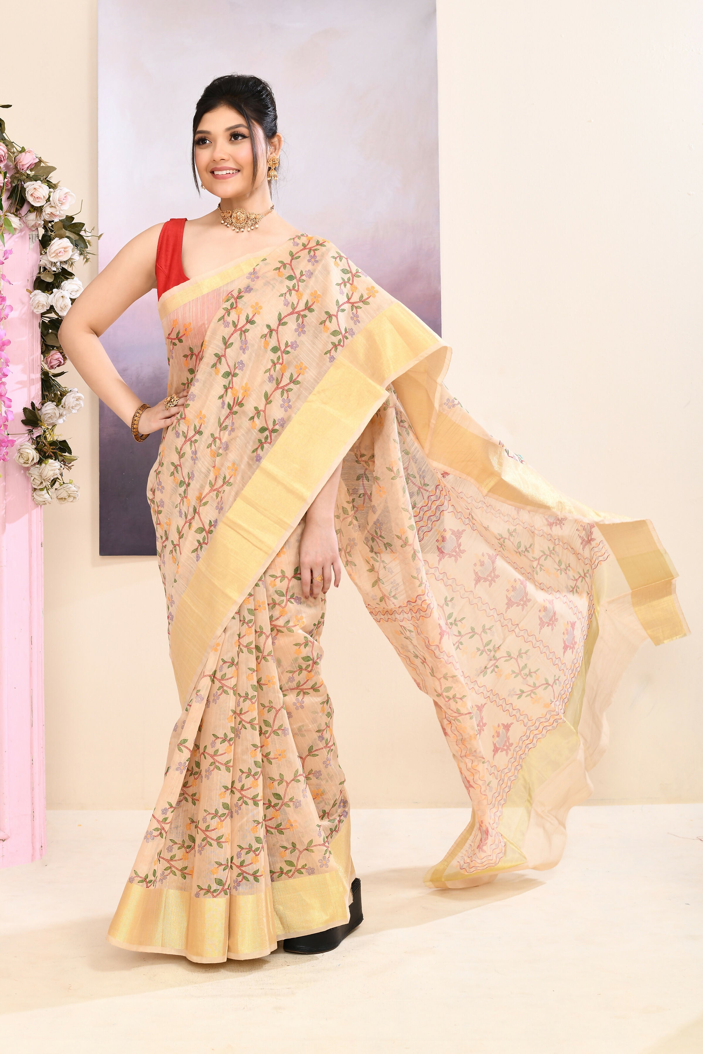 Beige Cotton Blend Printed Saree with Embellished Details