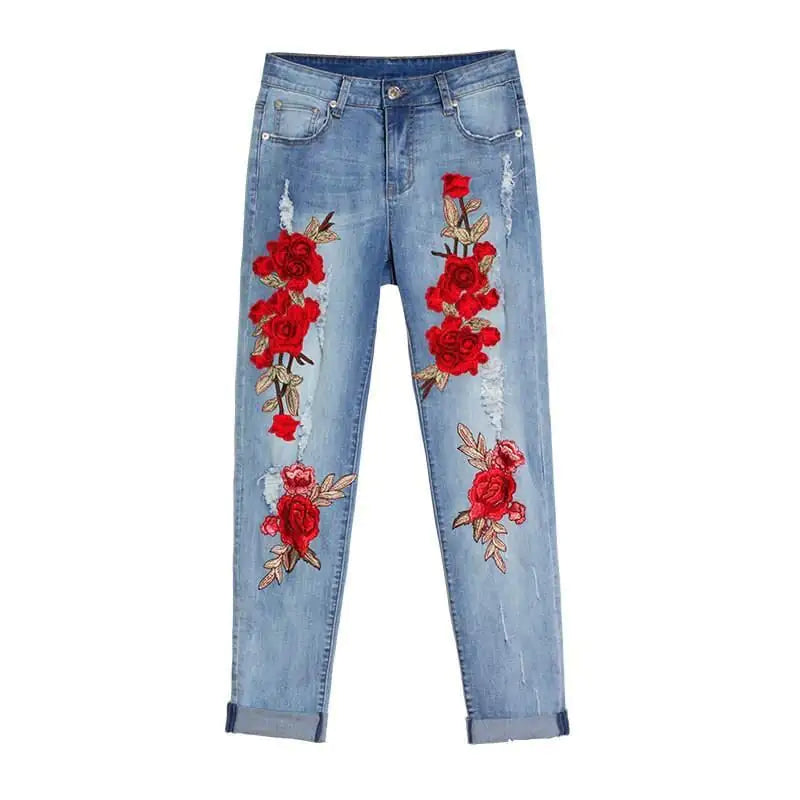 Women Light Blue Washed Denim Jeans with Red Floral Embroidery - Image 7