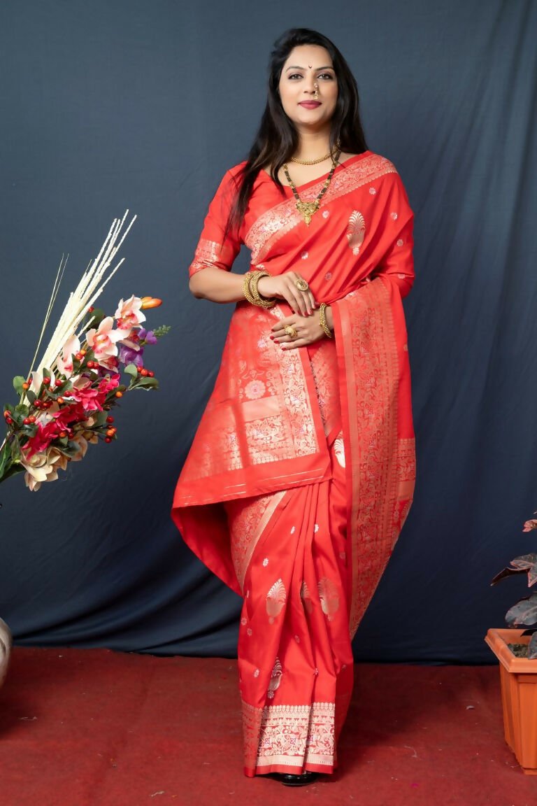 Orange Paithani Silk Saree with Zari Woven Detail and Blouse
