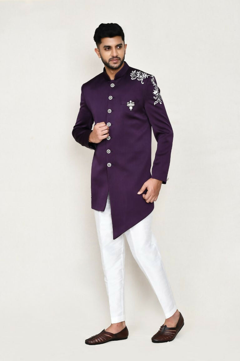 Purple Polyester Indo Western Set with Straight Fit Pant