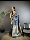 Grey floral jacquard woven cotton silk Banarasi saree with matching blouse