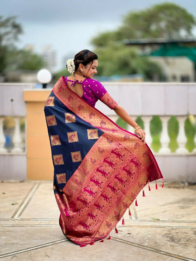 PR Fashion Morpich Soft Banarasi Silk With Zari Weaving Meenakari Design Saree