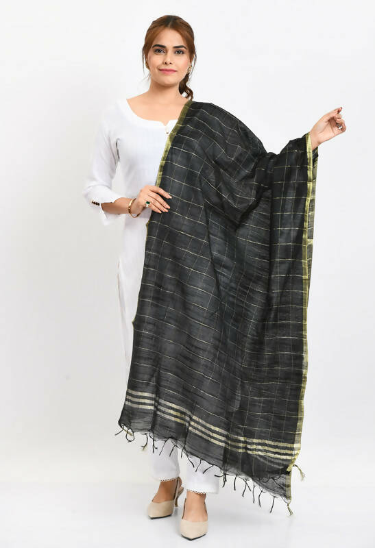 Black cotton dupatta with geometric gold zari box pattern