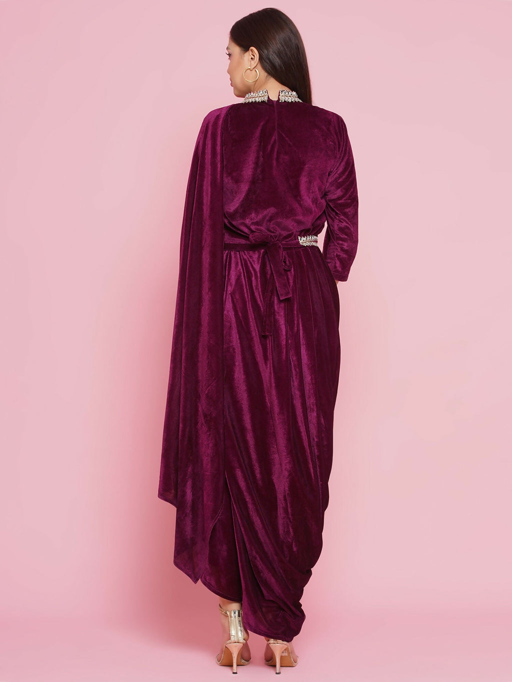 Wine Velvet Drape Kurta and Pant Set - Sophisticated Evening Wear