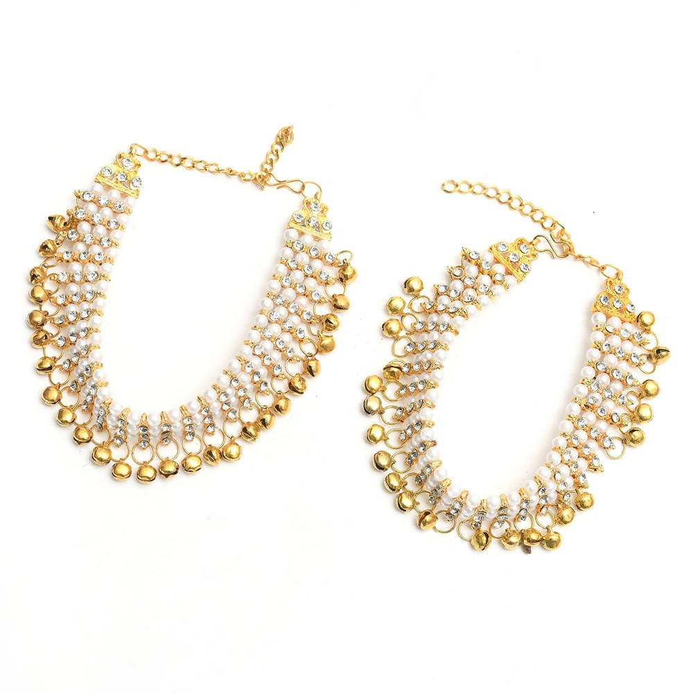 Gold-Polished Pearls Traditional Anklets for Elegant Styling