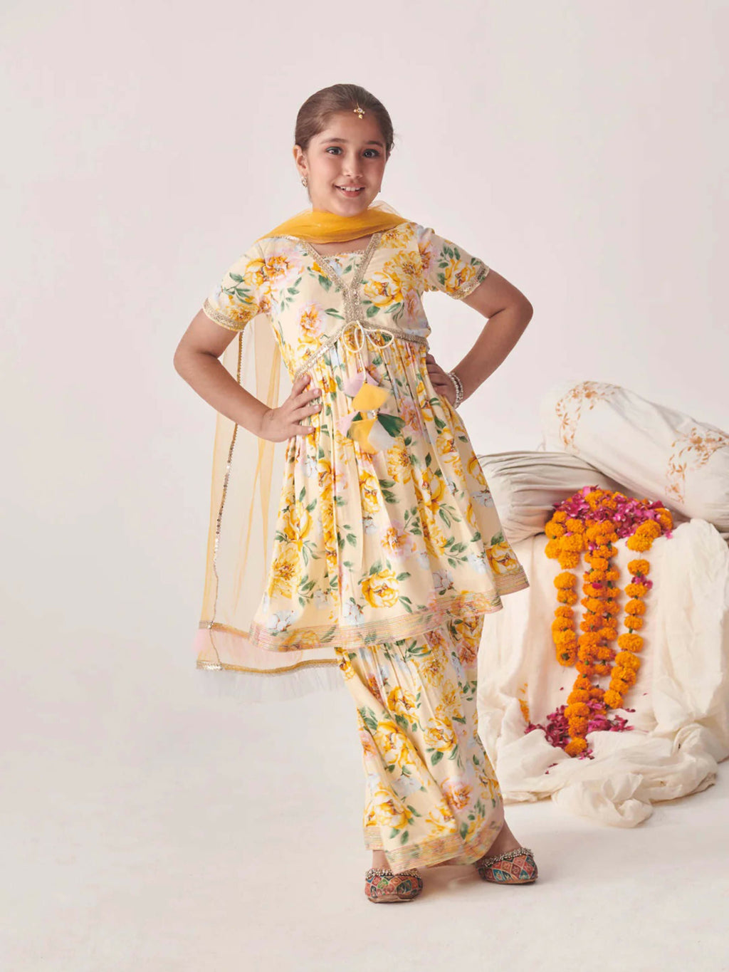 Girl's White & Yellow Cotton Blend Sharara Set with Net Dupatta